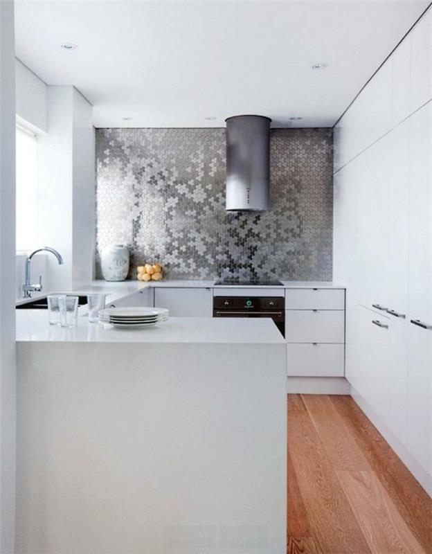 cuisine blanche belles idées de design d'intérieur avec un mur et un sol en mosaïque avec un aspect bois