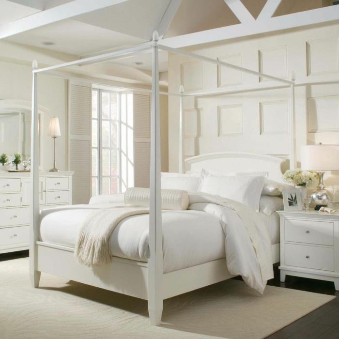 blanc chambre à coucher lumière tapis lit à baldaquin fleurs