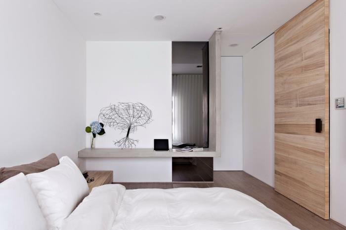 idées de décoration d'accents de bois minimalistes de chambre blanche