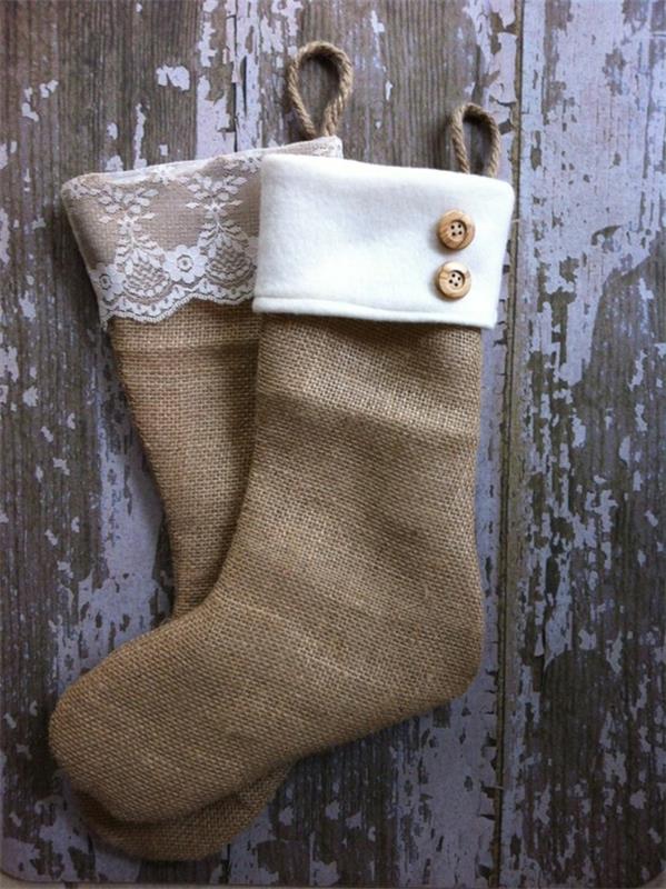 rękodzieło bożonarodzeniowe buty nicholas szycie rustykalnej koronki z tkaniny konopnej