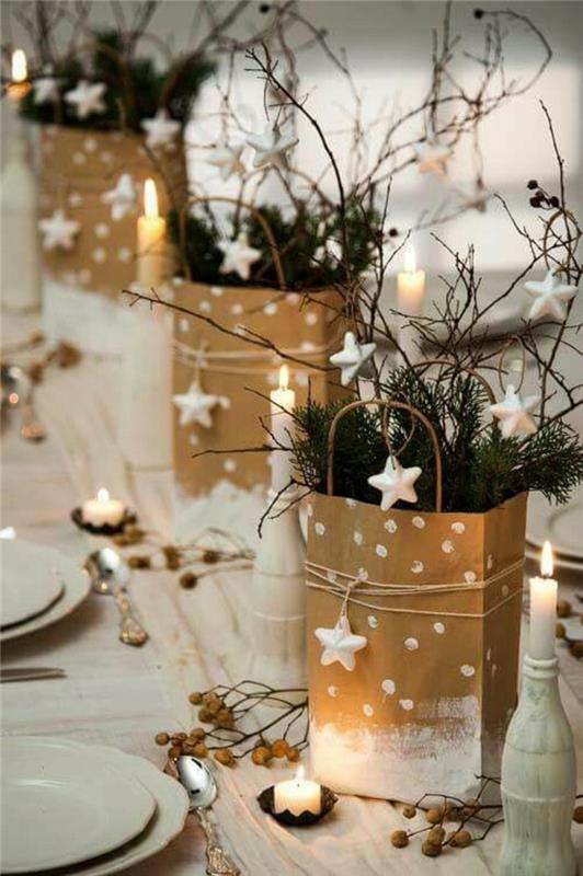 ozdoby świąteczne diy pomysły dekoracje stołu jodła zielone gałęzie gwiazdy