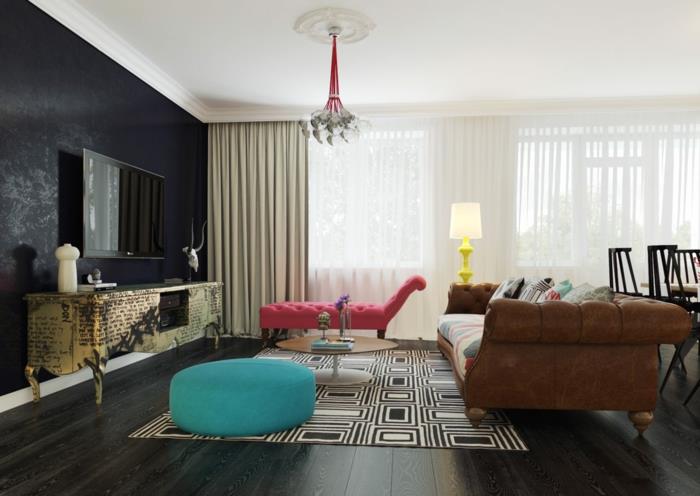murs design mur sombre design mur d'accent noir salon tapis motif meubles colorés