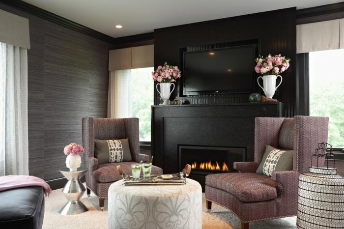murs design confortable salon accents noirs cheminée