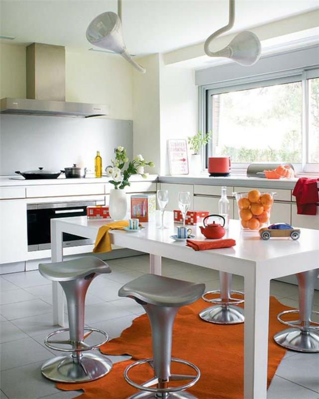 peinture murs idées cuisine fraîche tapis orange tabourets de bar modernes