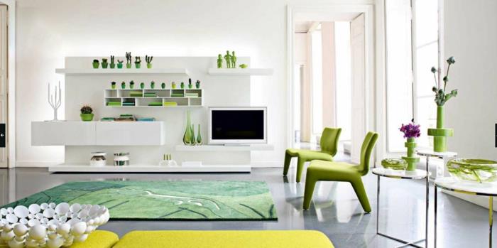 idées de vie tapis vert fauteuils verts accents jaunes unité murale