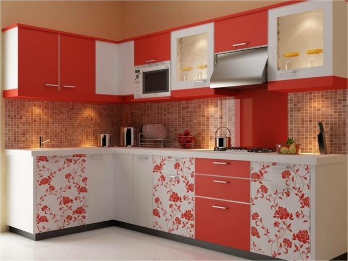 idées de vie cuisine coin cuisine aux accents rouges et motifs floraux