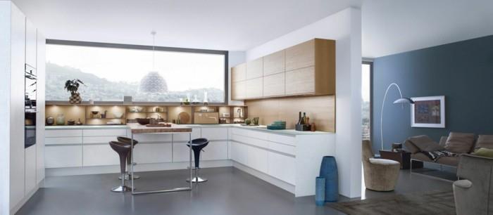 idées de salon cuisine cuisine blanche avec éléments en bois et étagères ouvertes