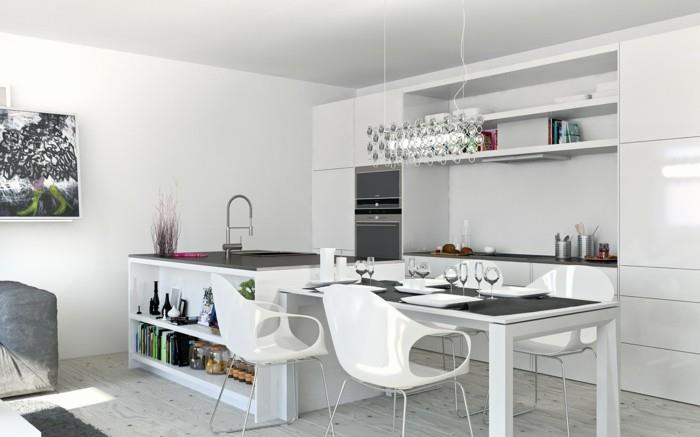 idées de vie cuisine design blanc avec un sol inhabituel dans le plan ouvert