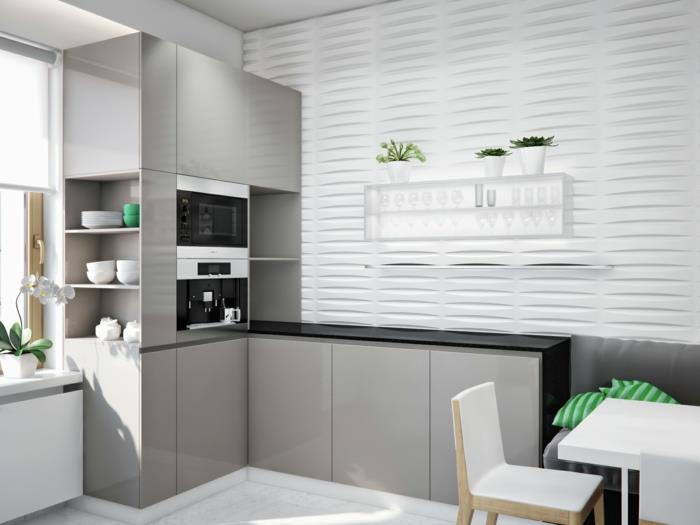 idées de vie cuisine meubles blancs et mur d'accent inhabituel en blanc avec une belle texture
