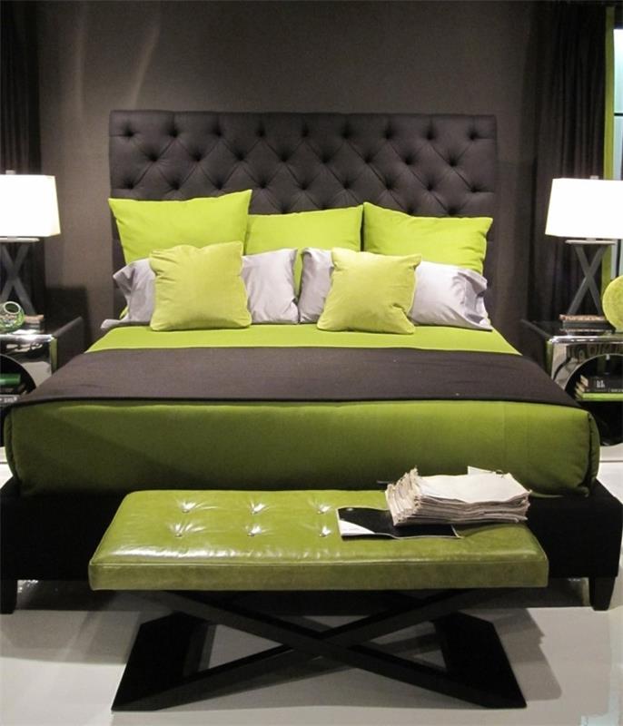 pomysły na życie sypialnia zielone poduszki sypialnia ławka światło wykładzina podłogowa
