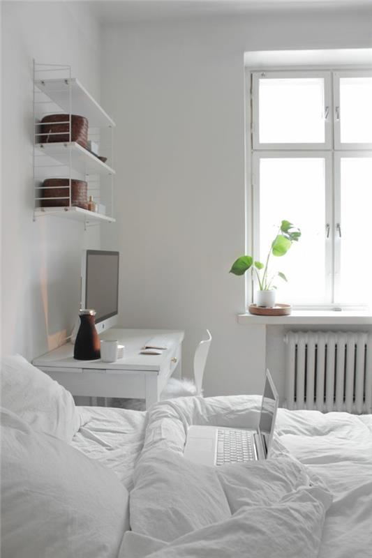 idées de vie chambre à coucher mur blanc design étagères murales végétales