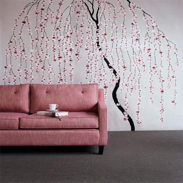 żywe pomysły salon tapety drzewo wzór sofa