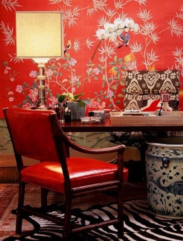 żywe pomysły salon tapety kwiatowy wzór czerwony stół