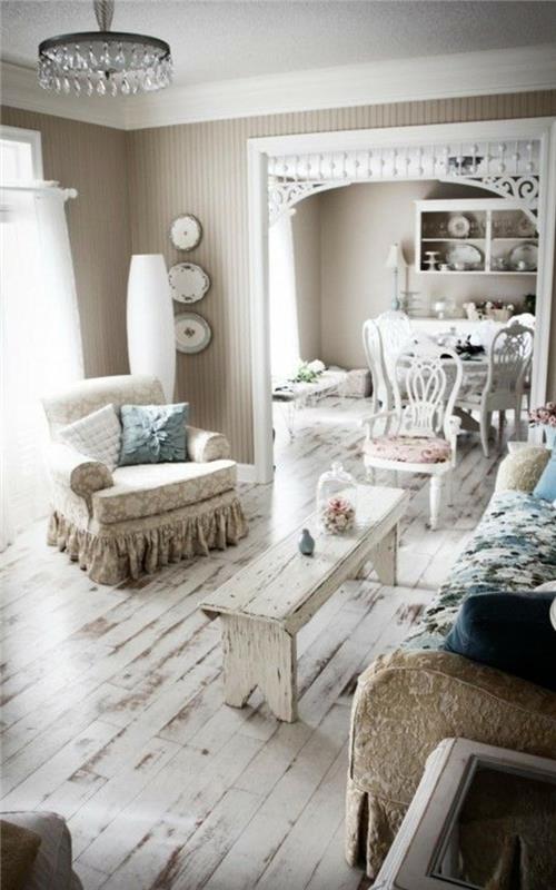 umeblowanie mieszkania pomysły shabby chic salon drewniana podłoga rustykalny stolik kawowy