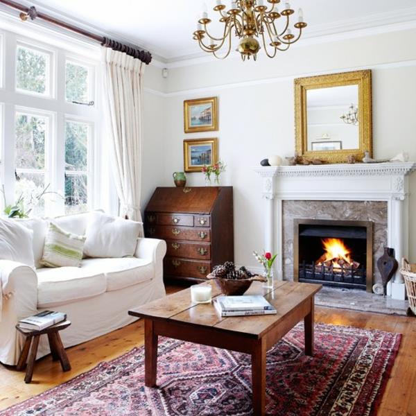 Mieszkanie umeblować komfortowo kolorową wykładziną białą kanapą kominkową