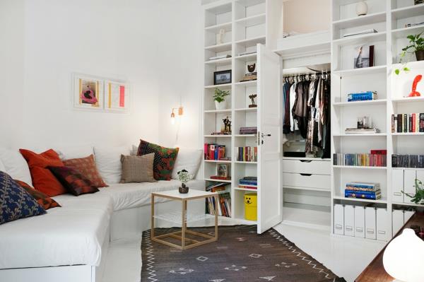 Meble skandynawskie kolor ściany mieszkania biała szafa półki ścienne