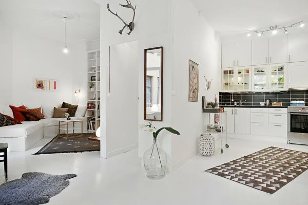 Skandynawskie umeblowanie mieszkanie kolor ścian biały otwarty salon