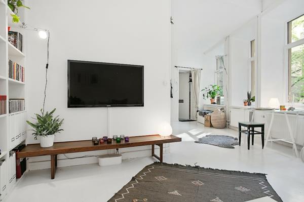mieszkanie skandynawski design otwarty salon gabinet tv meblościanka