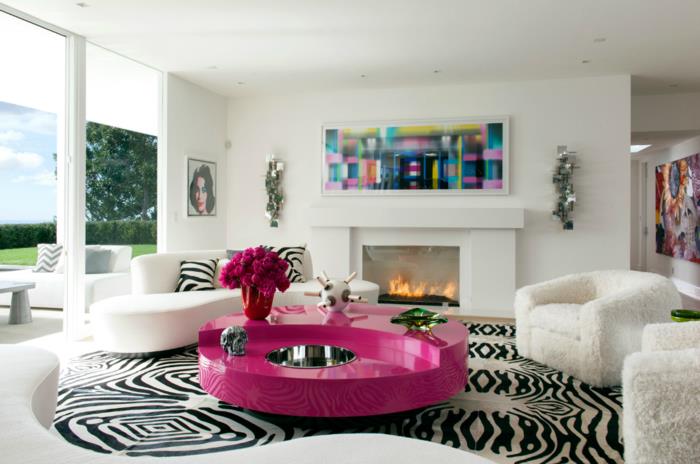 wyposażenie domu okrągły stolik kawowy fioletowy modny dywan zebry