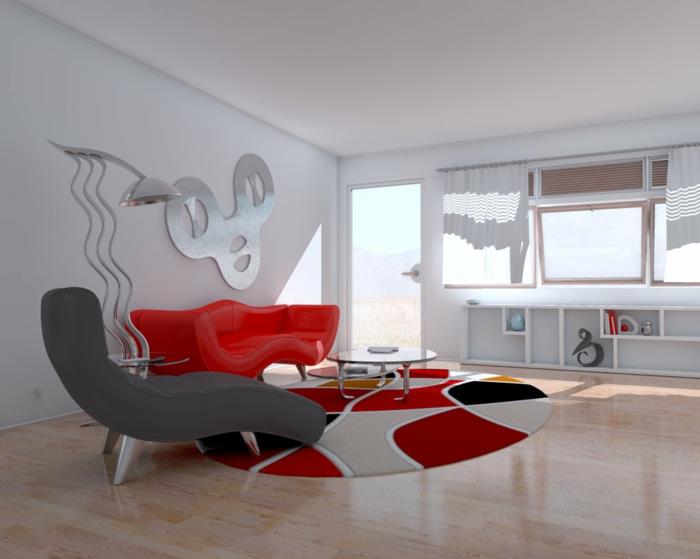 exemples d'ameublement de salon canapé rouge fauteuil gris tapis rond
