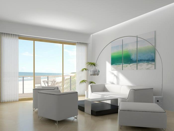 exemples d'aménagement de salon meubles blancs ambiance lumineuse décoration murale plantes