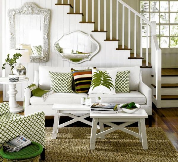 meble do salonu zielone akcenty biała sofa