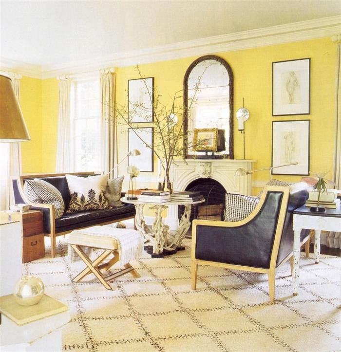 Idées de décoration de salon murs jaunes plantes tapis motif