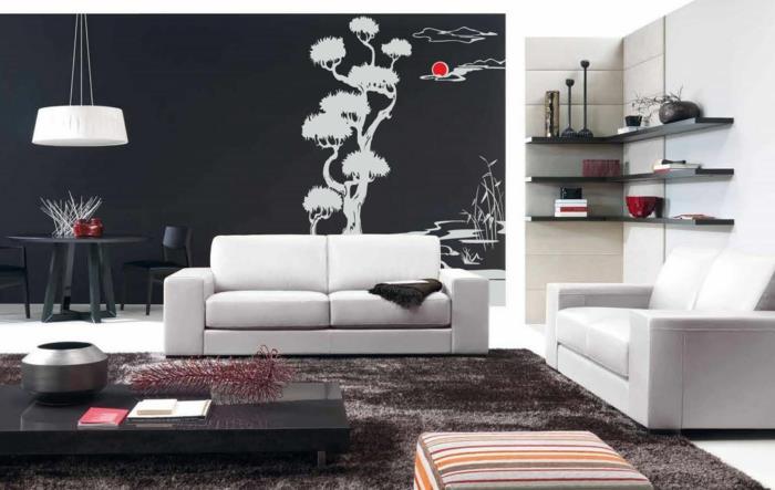 idées de décoration de salon décoration murale meubles blancs tapis sombre plan ouvert