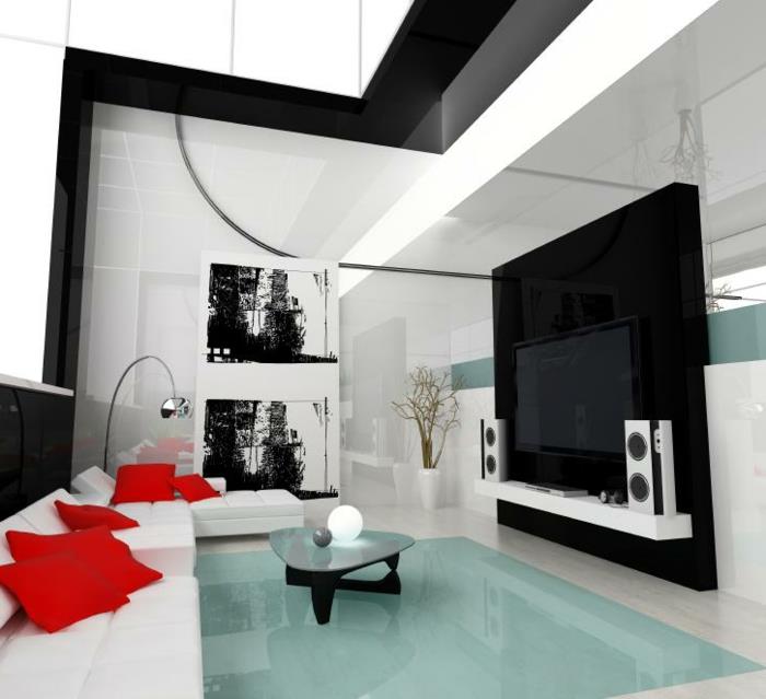 idées d'ameublement de salon canapé d'angle blanc coussins rouges éléments noirs