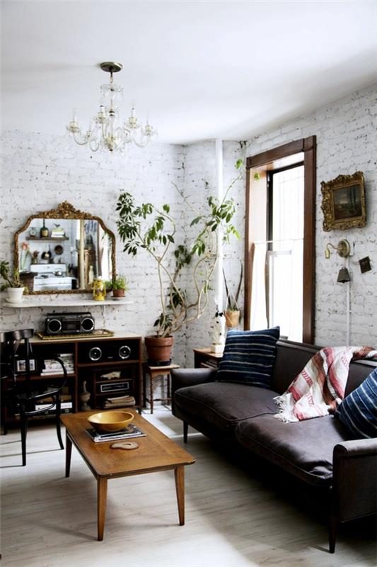 projekt salonu w stylu retro rośliny ceglane ściany