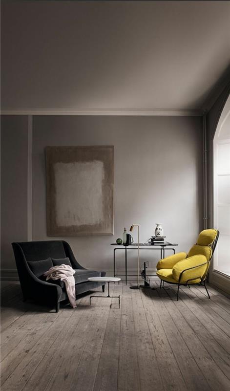 salon fotel żółta czarna sofa drewniana podłoga pomysły na życie