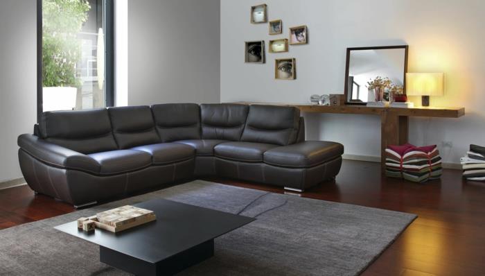 salon canapé canapé en cuir noir élégant minimaliste table basse tapis gris fenêtre
