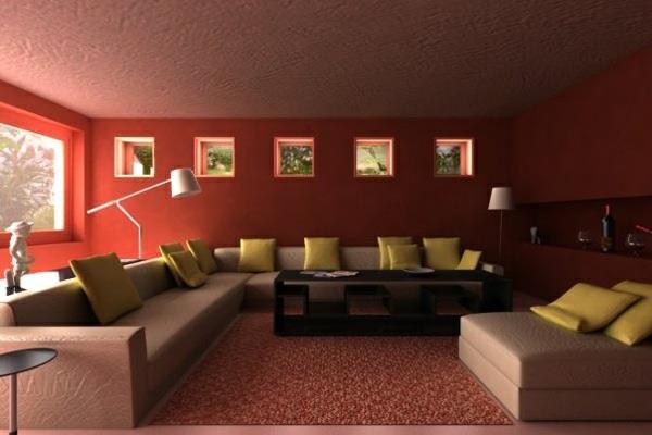 sofa do salonu kolor ścian kasztanowobrązowa sofa narożna w kolorze beżowym poduszki do rzucania jasnozielona