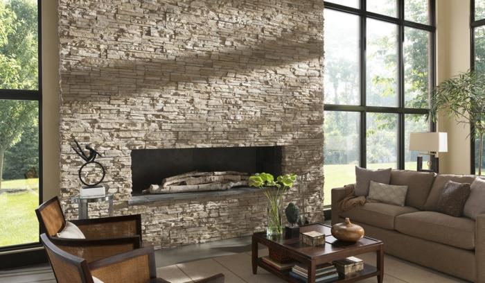 salon mur de pierre spacieuse cheminée plante