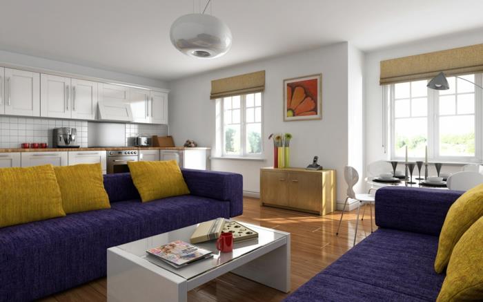 décoration de salon meubles violets coussins jaunes