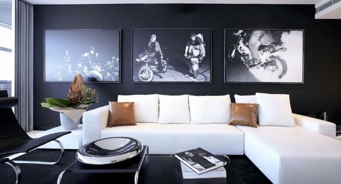 décoration de salon canapé d'angle blanc murs noirs décoration murale