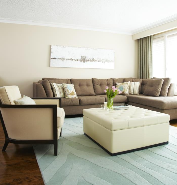 idées de meubles de salon tapis canapé d'angle marron tulipes