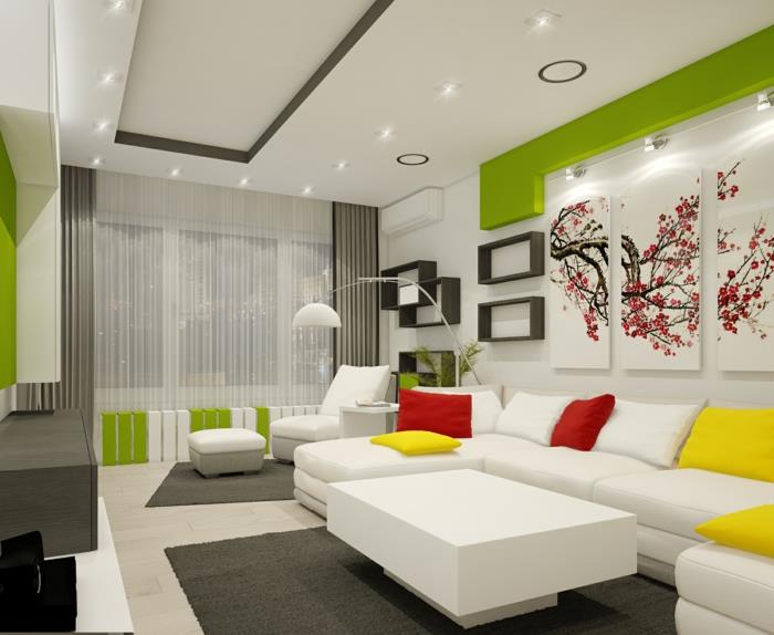 idées de décoration de salon meubles blancs coussins colorés étagères murales