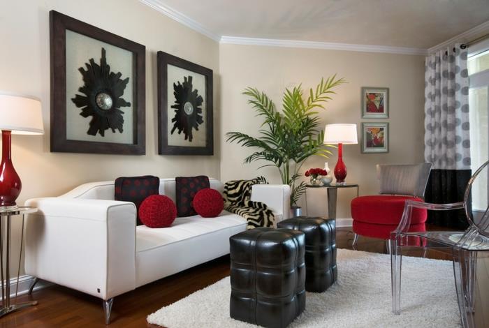 mobilier de salon canapé blanc ottoman noir accents rouges