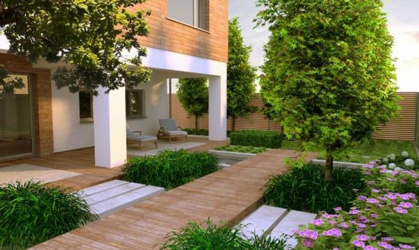 współczesny ogród patio drzewa kwiaty drewniana podłoga