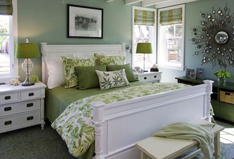 Зелен цвят в интериора на спалнята - снимка