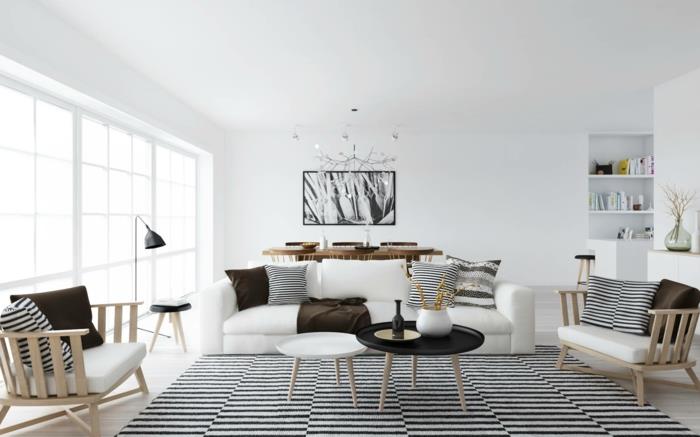 projekt pokoju biały salon skandynawski wzór w paski