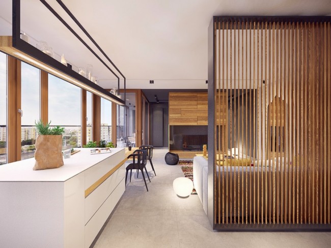 Dřevo ve výzdobě elegantního interiéru obývacího pokoje v kombinaci s kuchyní